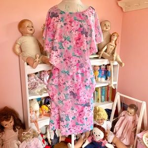 vintage 70s girly pink rose print tiered dress M/L